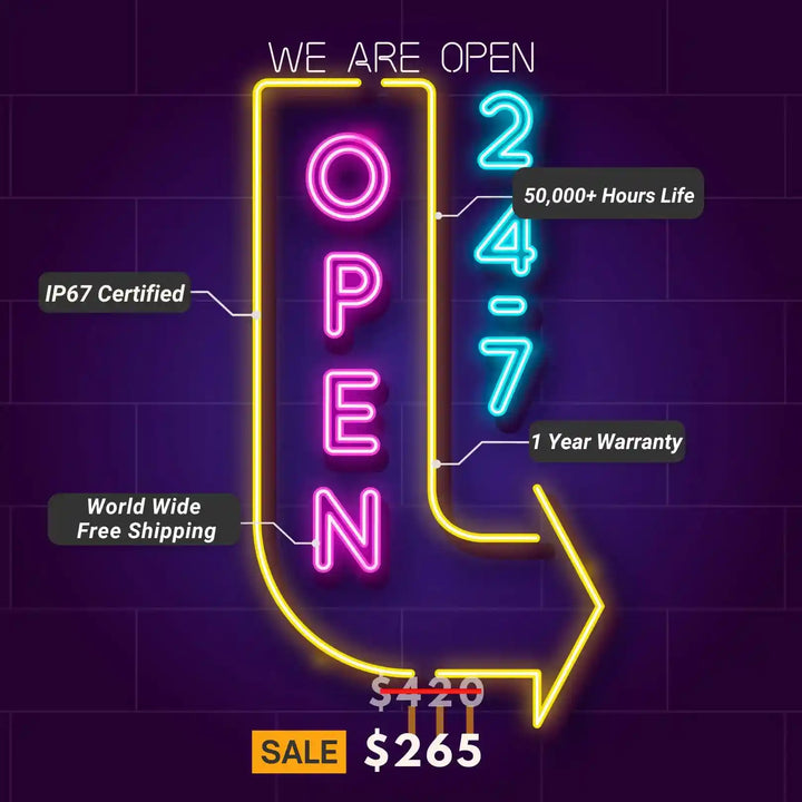 We Are Open Neon 24/7 Sign - 30 Inches - Illuminating Your Nights - from manhattonneons.com.