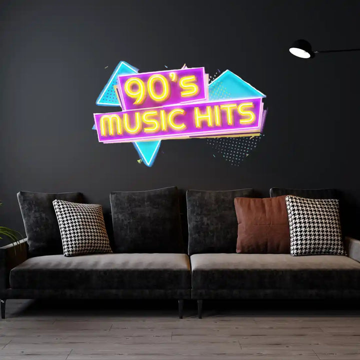 90s Music Hits UV Art LED Neon Sign in yellow, pink and blue colour by manhattanneons.com