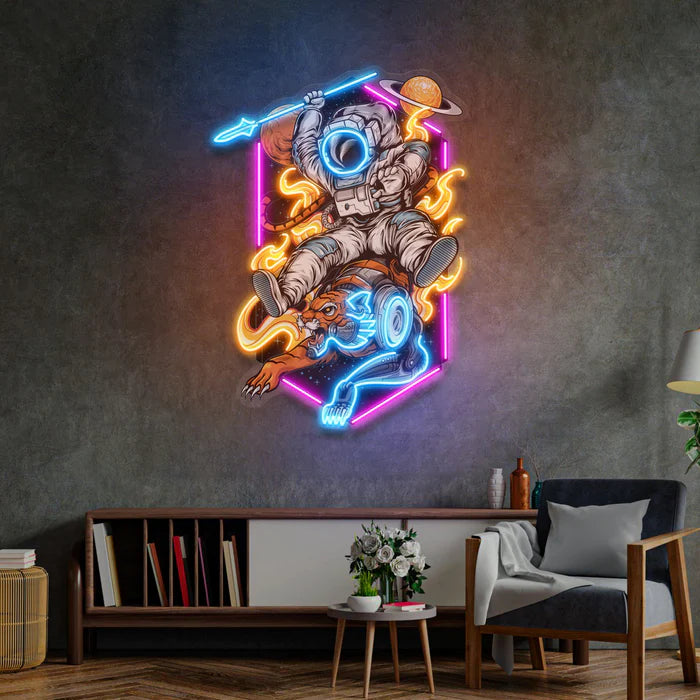 Astronaut Riding Tiger UV Art Led Neon sign Acrylic Artwork - Experience the cosmic vibe! manhattanneons.com