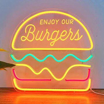 BURGER TRENDY NEON SIGN - SIZZLE AND DELIGHT - from manhattanneons.com