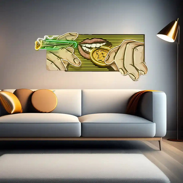 Burn Money With Bitcoin UV Art LED Neon Sign in green and yellow colour by manhattanneons.com