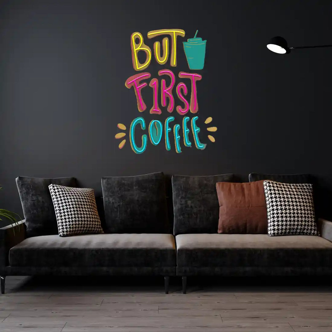 But First Coffee UV Art LED Neon Sign in yellow, pink and blue colour by manhattanneons.com