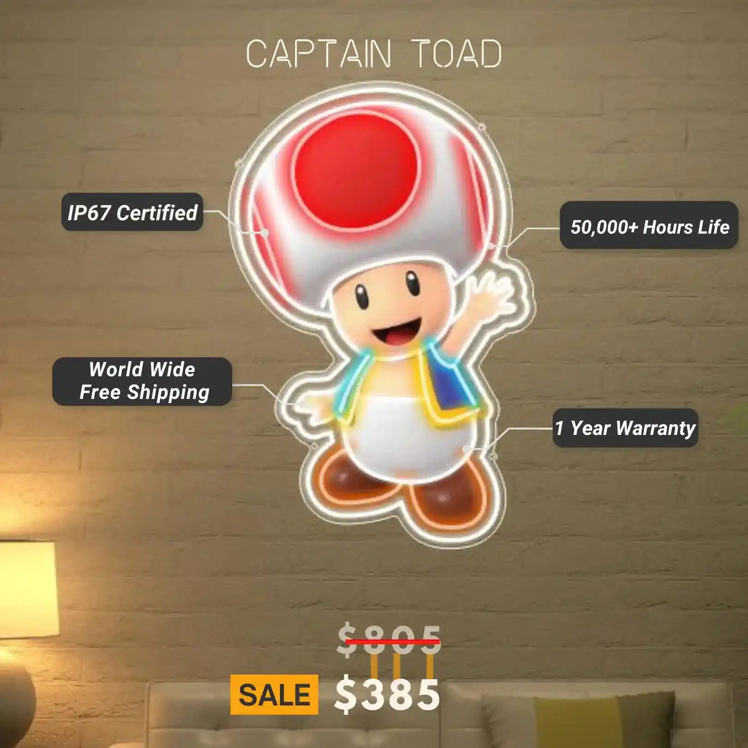 Captain Toad UV Printed Neon Artwork Adventure Illumination - Explore the Glow - from manhattonneons.com.