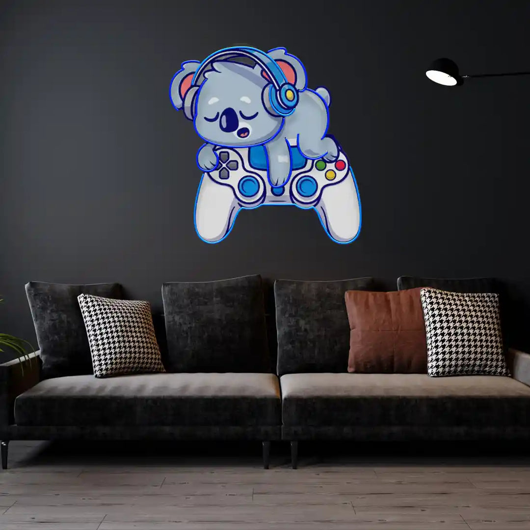 Cute Koala Sleeping Game UV Art LED Neon Sign in blue colour by manhattanneons.com