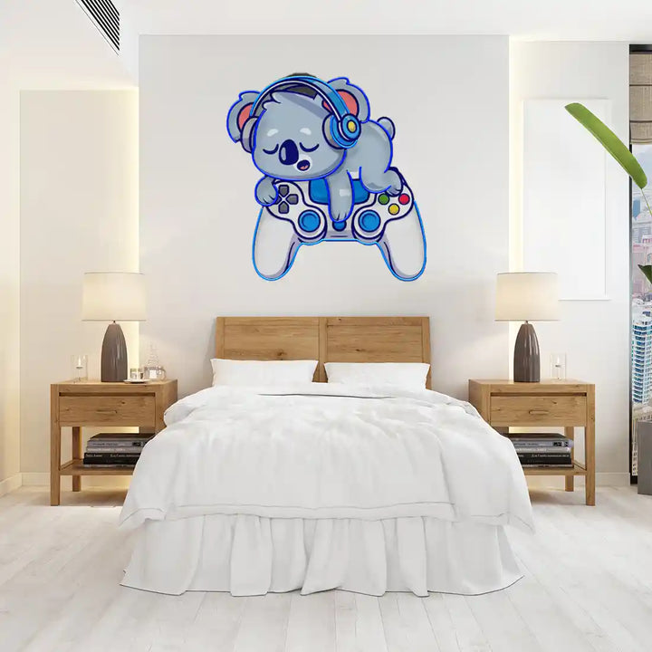 Cute Koala Sleeping Game UV Art LED Neon Sign in blue colour by manhattanneons.com