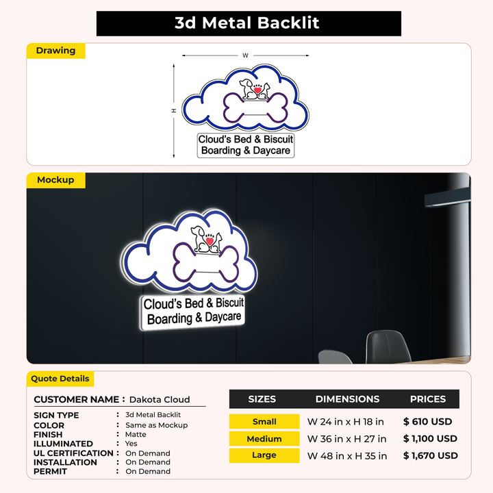 3D Metal Backlit For Dakota Cloud