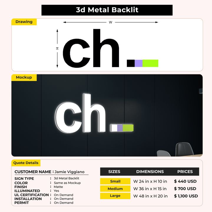 3D Metal Backlit Sign for Jamie Viggiano