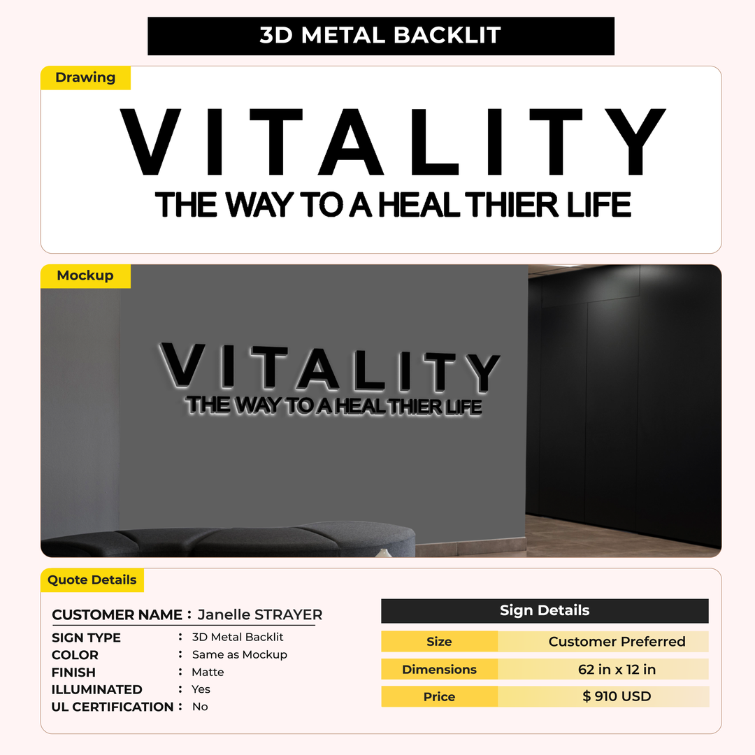 3D Metal Backlit Sign for Janelle STRAYER