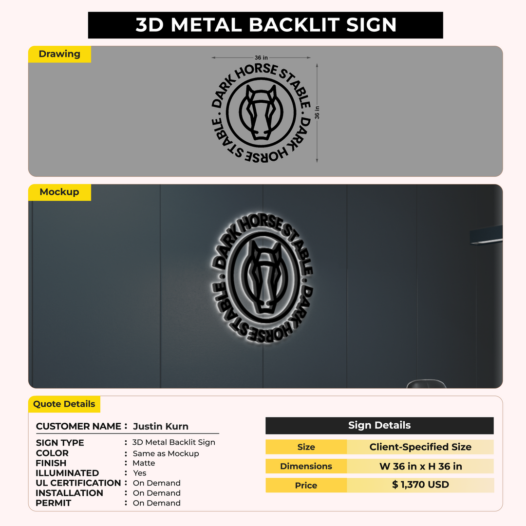 3D Metal backlit sign for Justin Kurn