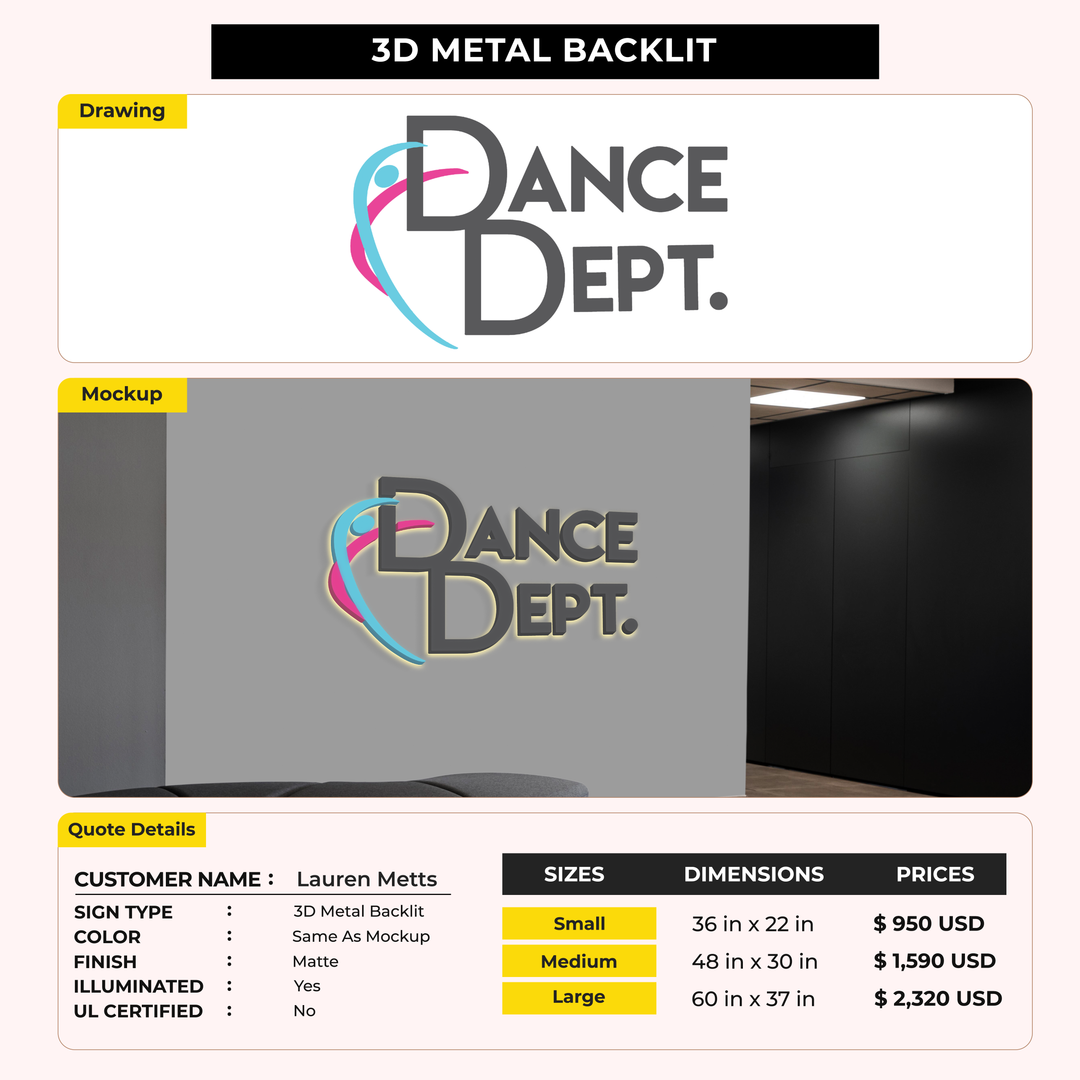 3D UV Metal Backlit Sign for Lauren Metts