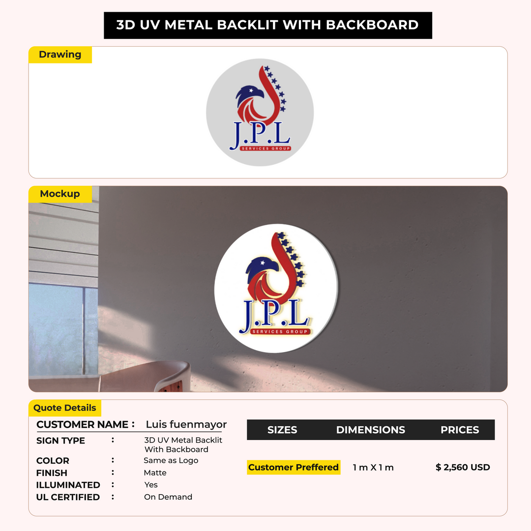 3D UV Metal Backlit with backboard sign for Luis fuenmayor