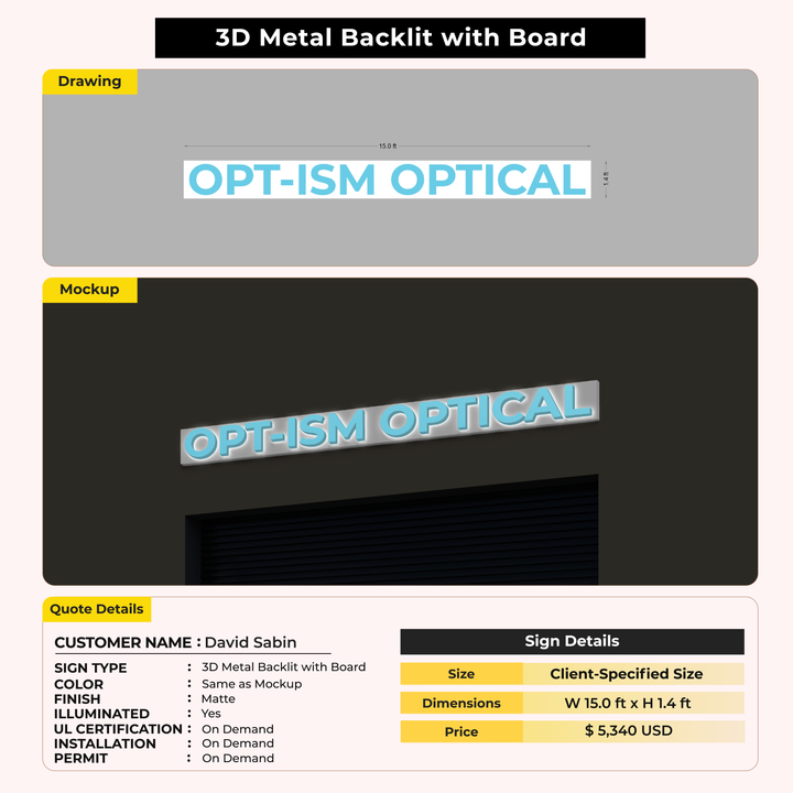 3D Metal Backlit Sign with board for David Sabin