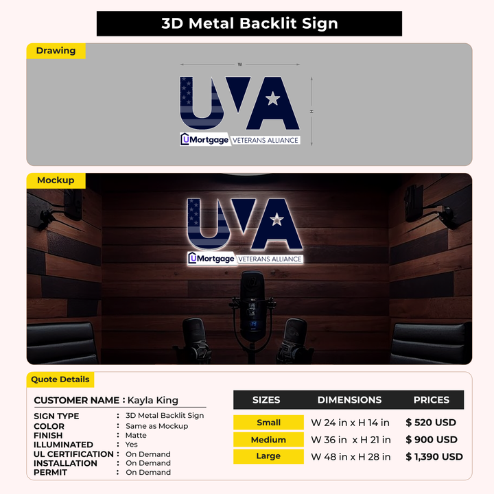 3D Metal Backlit Sign for Kayla King