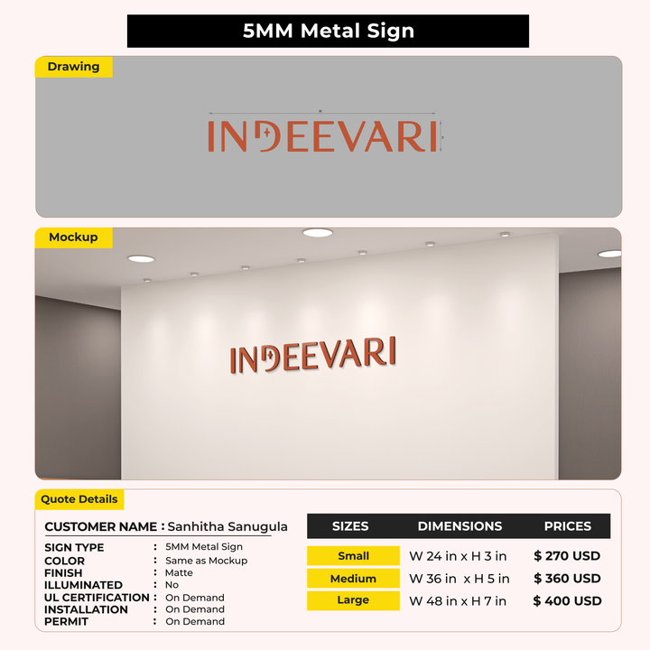 5MM Metal Sign for Sanhitha Sanugula