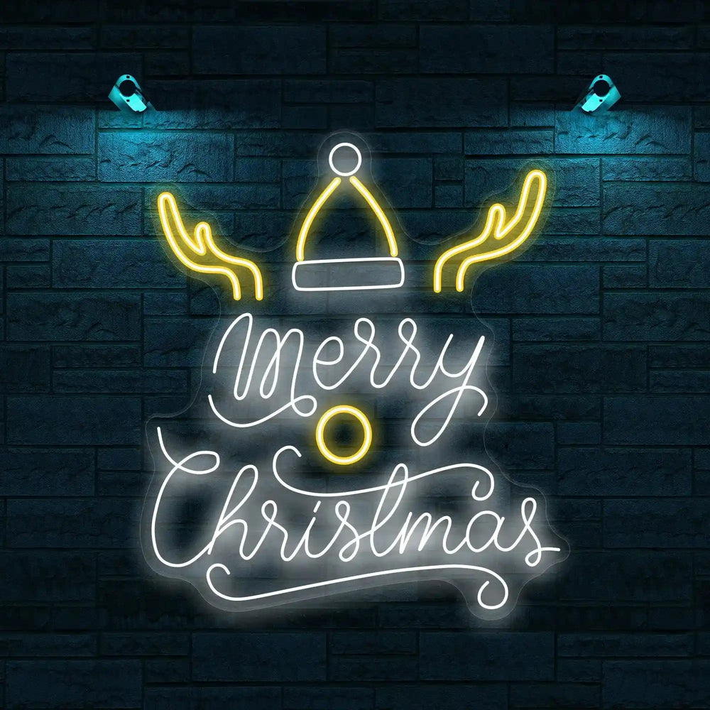 Merry Christmas Deer Horn with Hat Neon Sign - Festive Holiday Decoration - from manhattonneons.com.