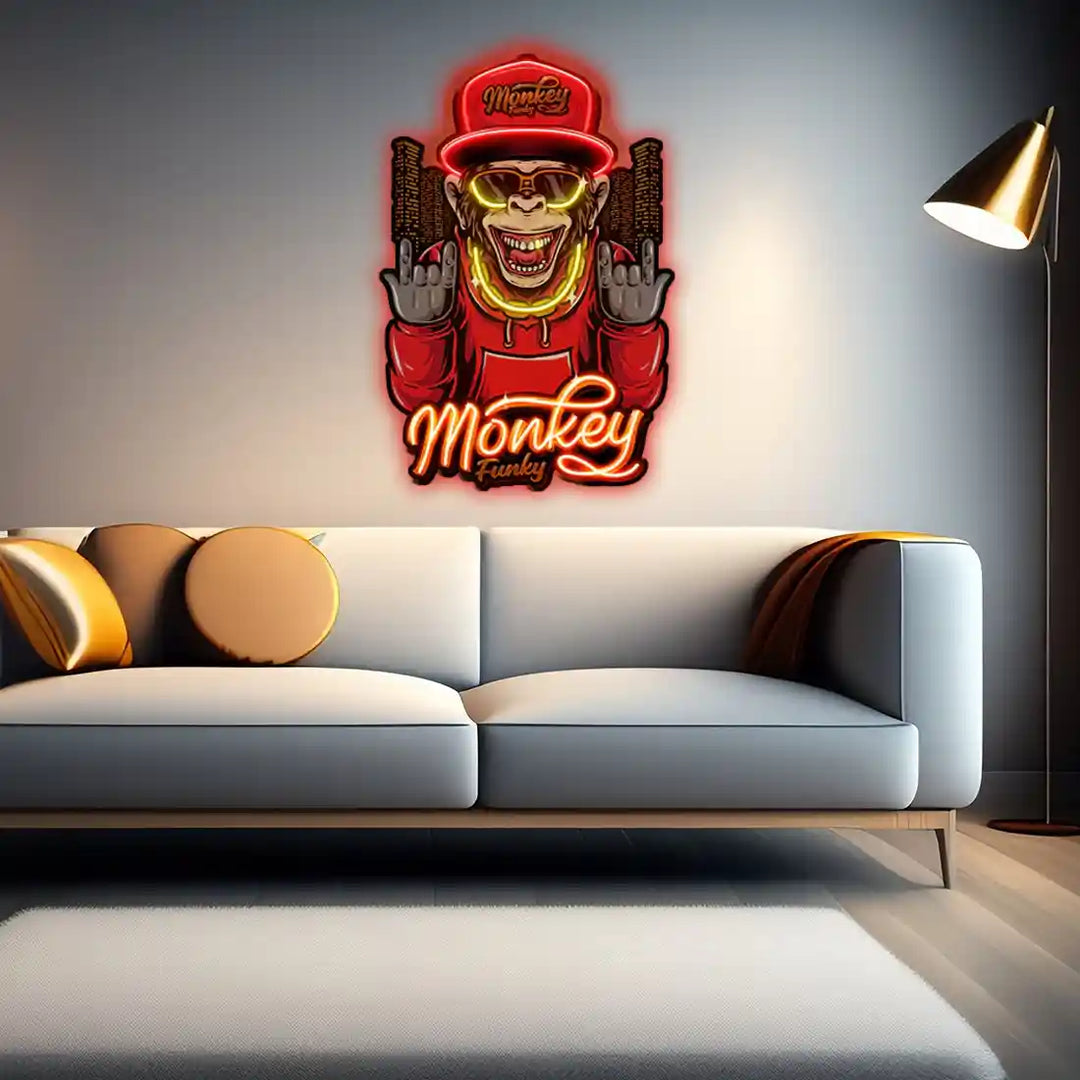 Monkey Gold Chain UV Art LED Neon Sign in black and red colour by manhattanneons.com