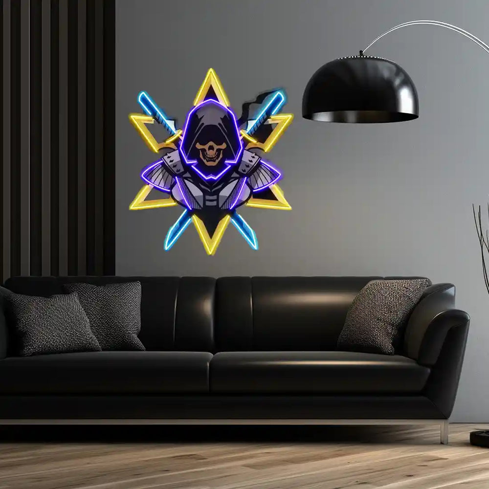 Ninja With Skull Mask UV Art LED Neon Sign in purple, yellow and blue colour by manhattanneons.com