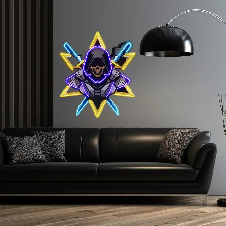 Ninja With Skull Mask UV Art LED Neon Sign in purple, yellow and blue colour by manhattanneons.com