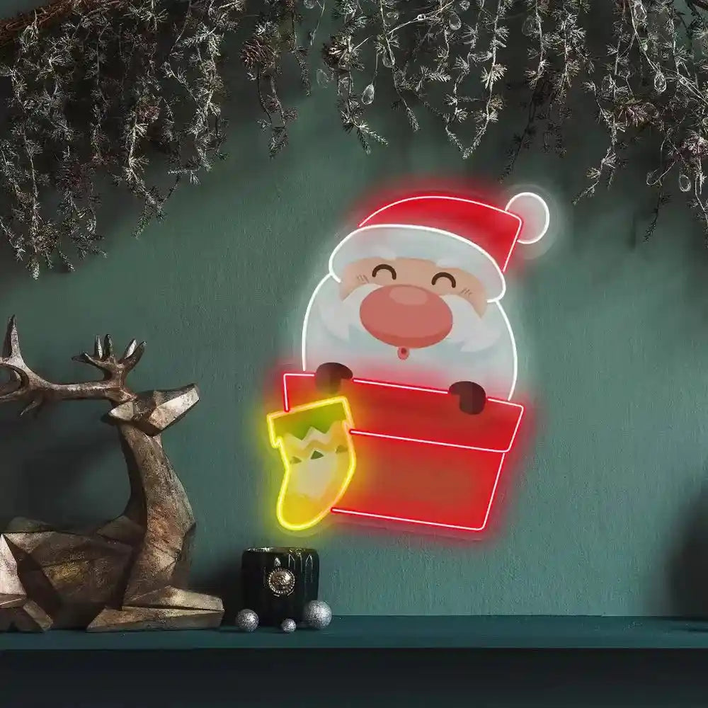 Santa with a Sock Christmas Neon Sign - Festive Holiday Glow - Bright and Cheerful - from manhattonneons.com.