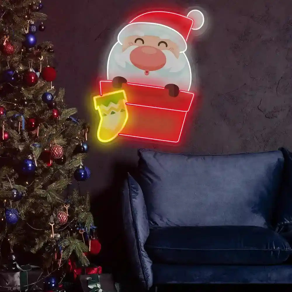 Santa with a Sock Christmas Neon Sign - Festive Holiday Glow - Bright and Cheerful - from manhattonneons.com.