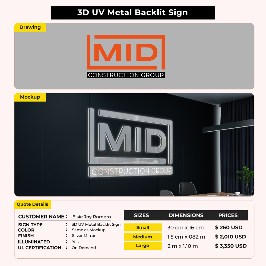 3D UV Metal Back-lit Sign For Elsie Joy Romero