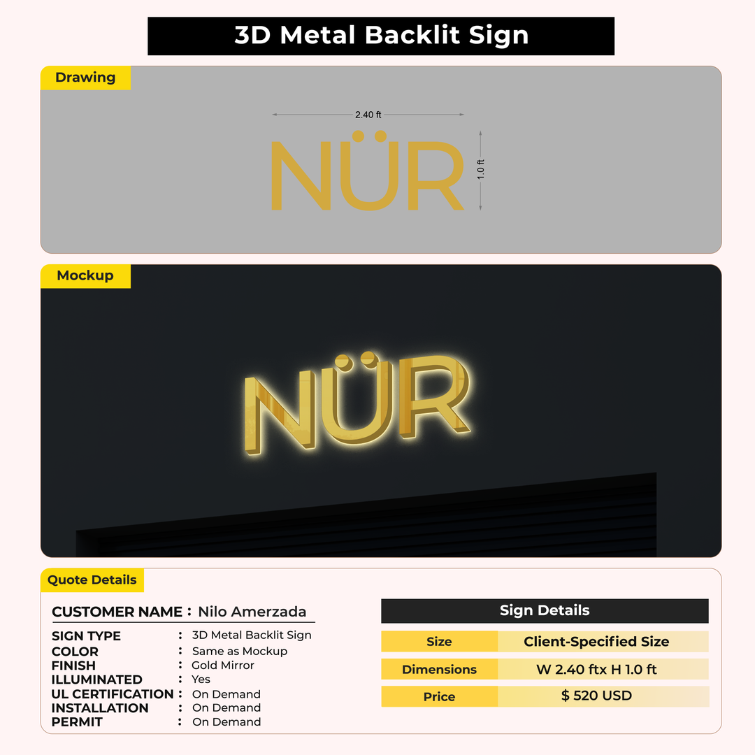 3D Metal Back-lit Sign For Nilo Amerzada