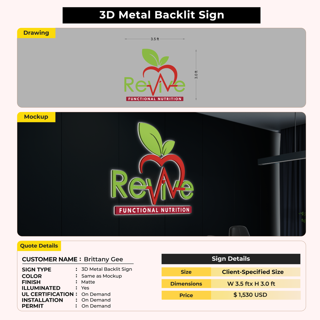 3D Metal Backlit Sign for Brittany Gee