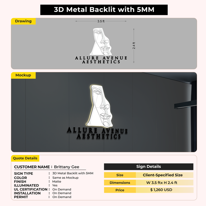 3D Metal Backlit Sign for Brittany Gee