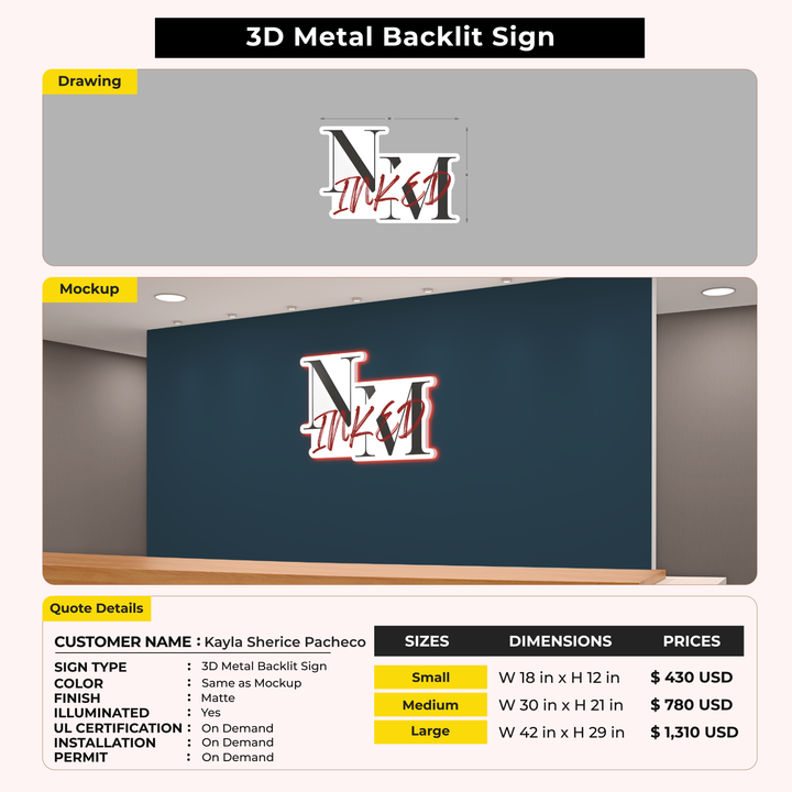 3D Metal Back-lit Sign For Kayla Sherice Pacheco