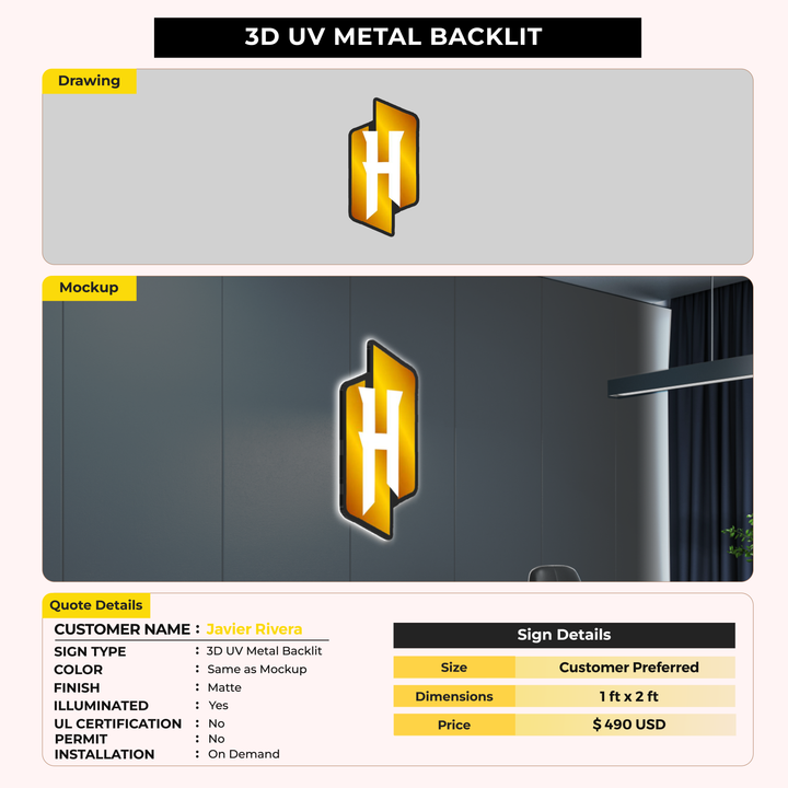 3d metal backlit for Javier Rivera