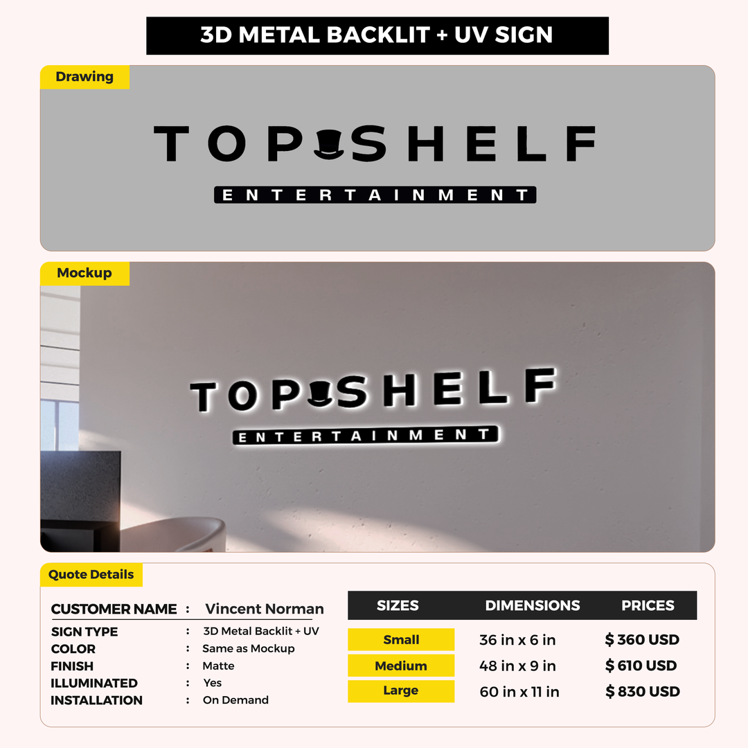 3d UV Metal backlit Sign For Vincent Norman