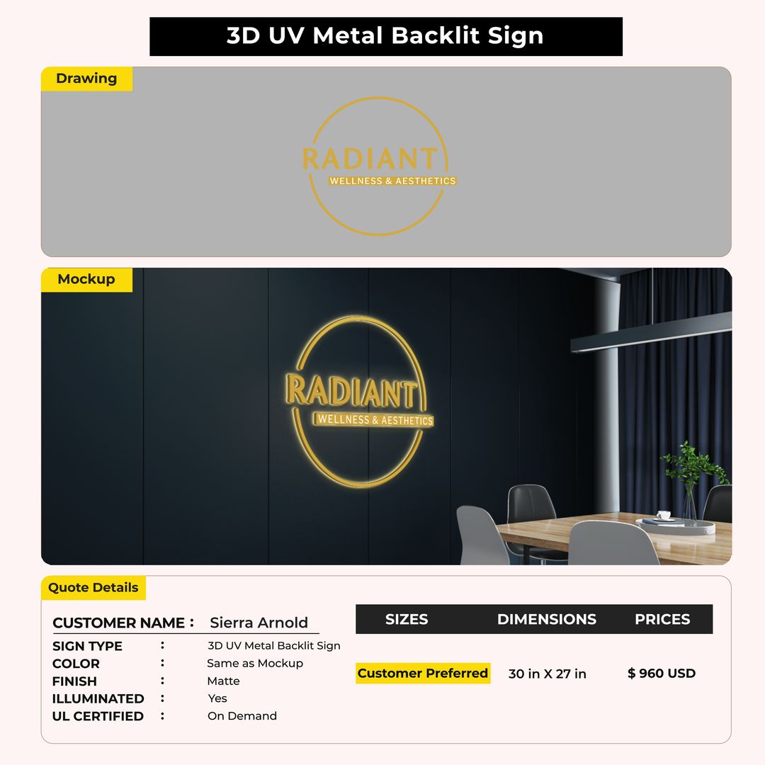 3D UV Metal Back-lit Sign For Sierra Arnold