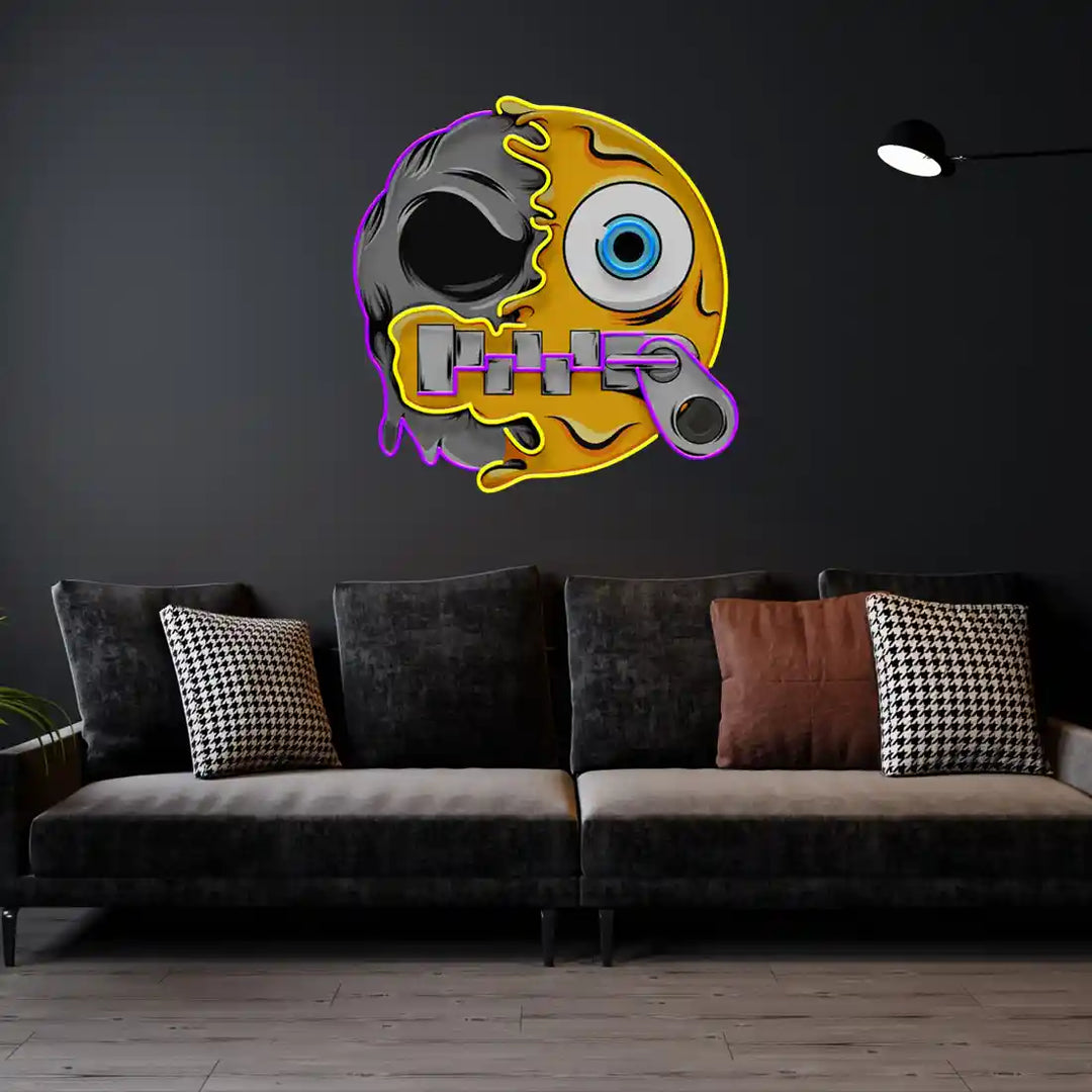 Silence Emoji Skull UV Art LED Neon Sign in purpe and yellow colour by manhattanneons.com