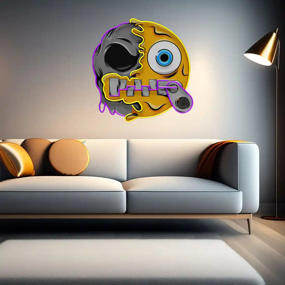 Silence Emoji Skull UV Art LED Neon Sign in purpe and yellow colour by manhattanneons.com