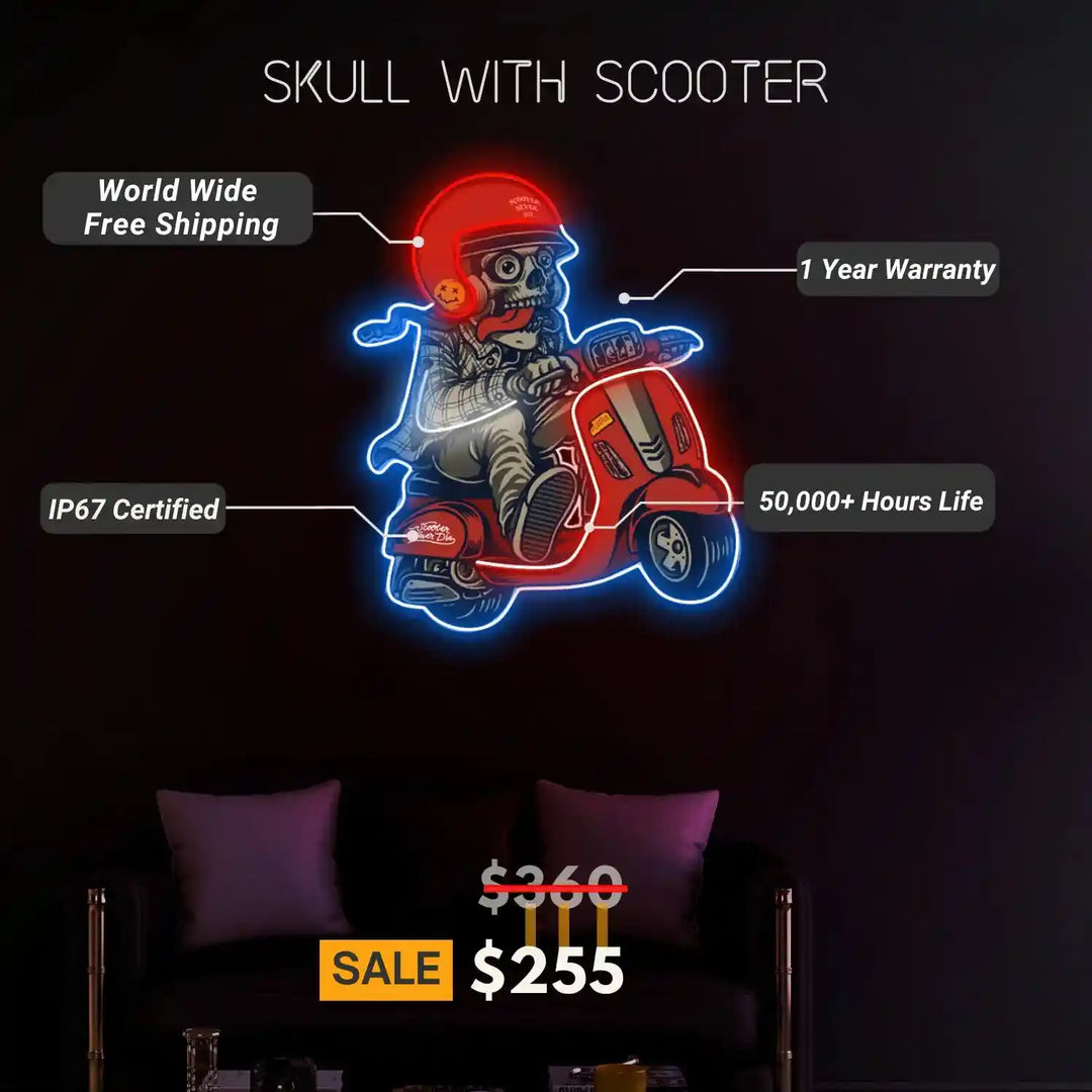 Skull with Scooter UV Light Neon Art for Modern Spaces - Neon Sign from manhattonneons.com.