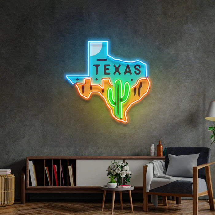 Texas Map UV Art Led Neon sign Light shining brightly, bringing a splash of color to your room. Get yours at manhattanneons.com