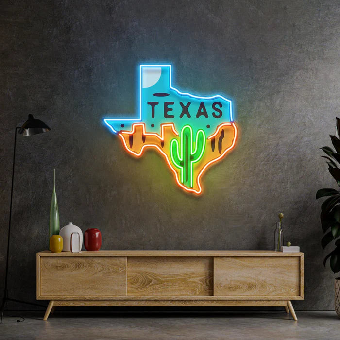 Texas Map UV Art Led Neon sign Light shining brightly, bringing a splash of color to your room. Get yours at manhattanneons.com