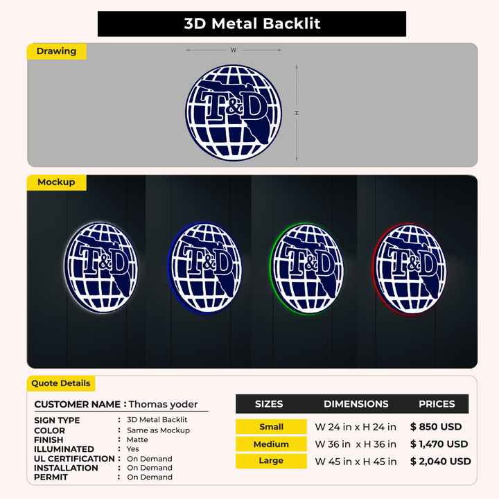 3D Metal Backlit For Thomas yoder