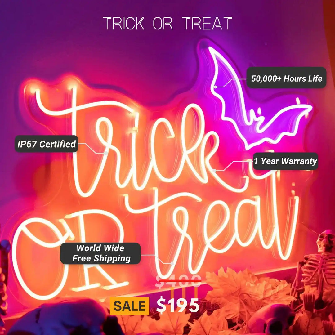 Trick or Treat trendy neon sign - Spooky Halloween vibes - from manhattonneons.com.