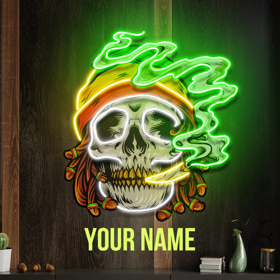 Weed Skull Smoke Cannabis Jamaican UV Art Led Neon sign enhances your space with vibrant colors. Get yours now at manhattanneons.com