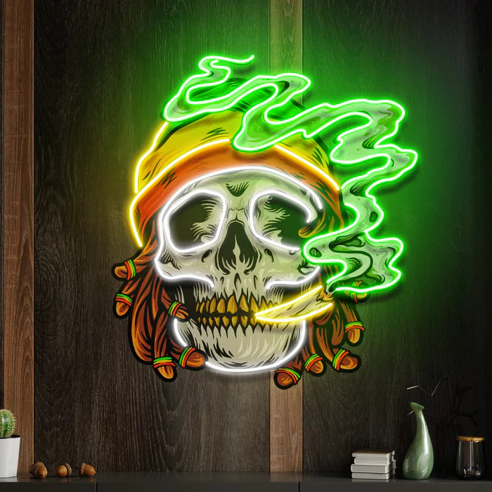 Weed Skull Smoke Cannabis Jamaican UV Art Led Neon sign enhances your space with vibrant colors. Get yours now at manhattanneons.com