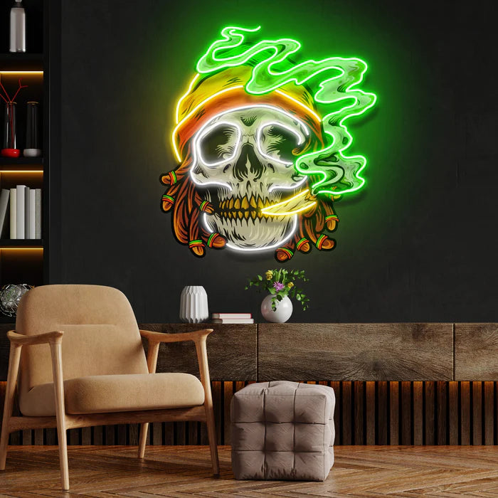 Weed Skull Smoke Cannabis Jamaican UV Art Led Neon sign enhances your space with vibrant colors. Get yours now at manhattanneons.com