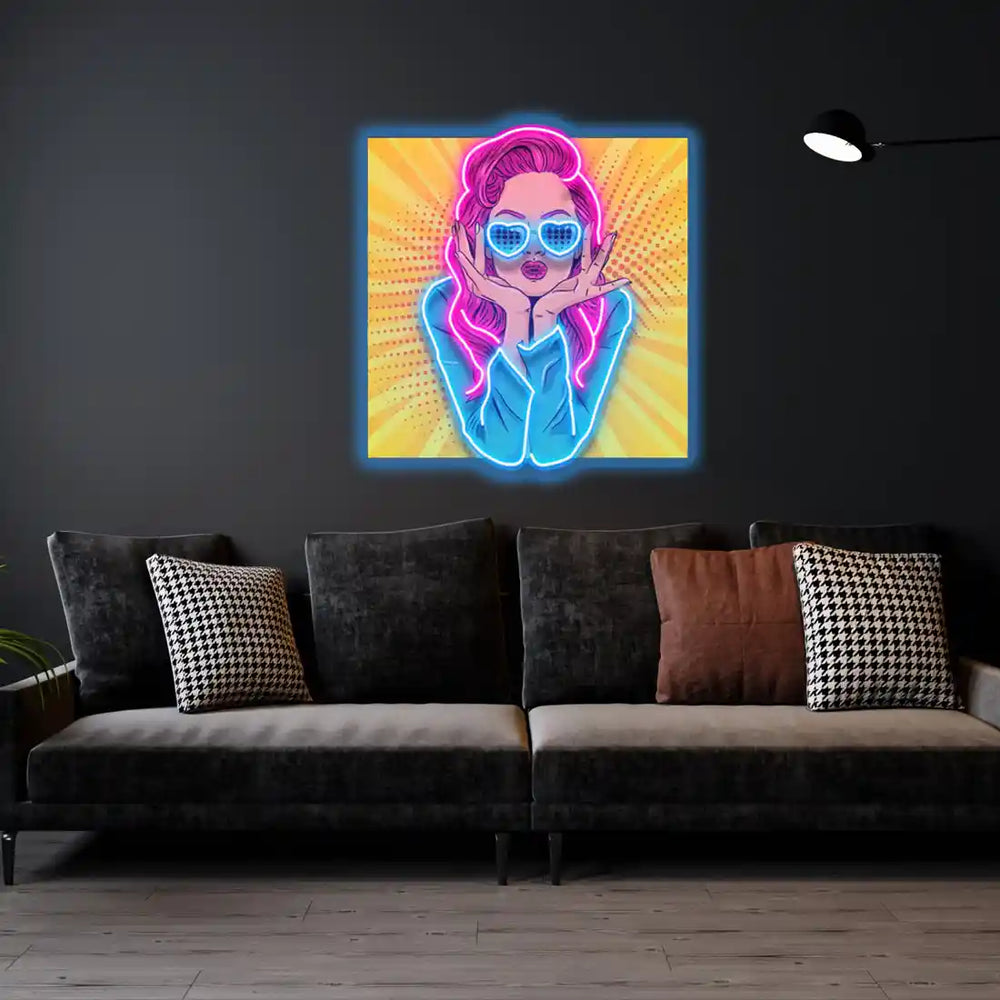 Woman Retro UV Art LED Neon Sign in yellow and red colour by manhattanneons.com