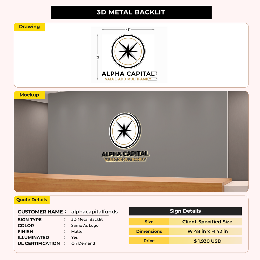 3D Metal Back-lit Sign For alphacapitalfunds