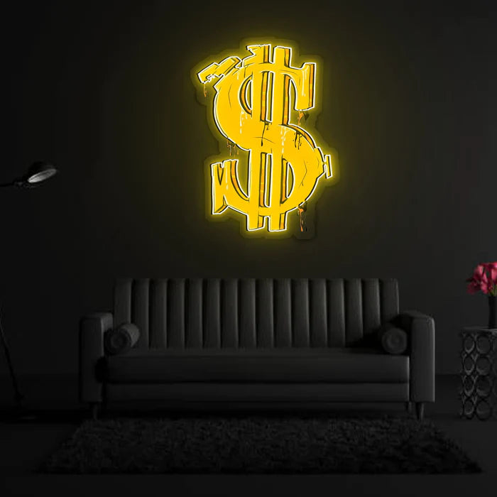 Dollar sign graffti UV Art LED Neon Sign in yellow colour by manhattanneons.com