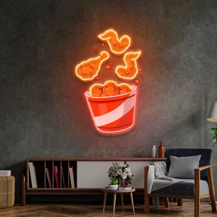 Flying Fried Chicken UV Art LED Neon Sign in white and orange colour by manhattanneons.com