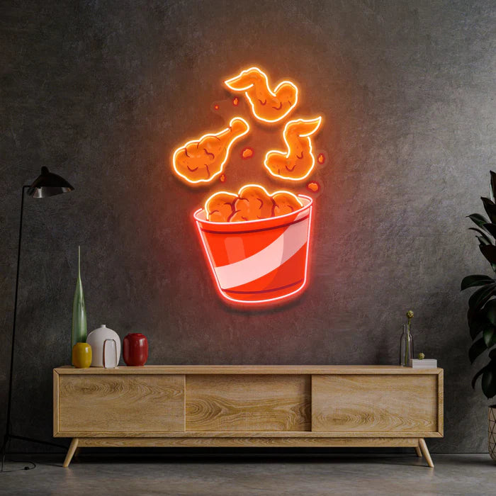 Flying Fried Chicken UV Art LED Neon Sign in white and orange colour by manhattanneons.com