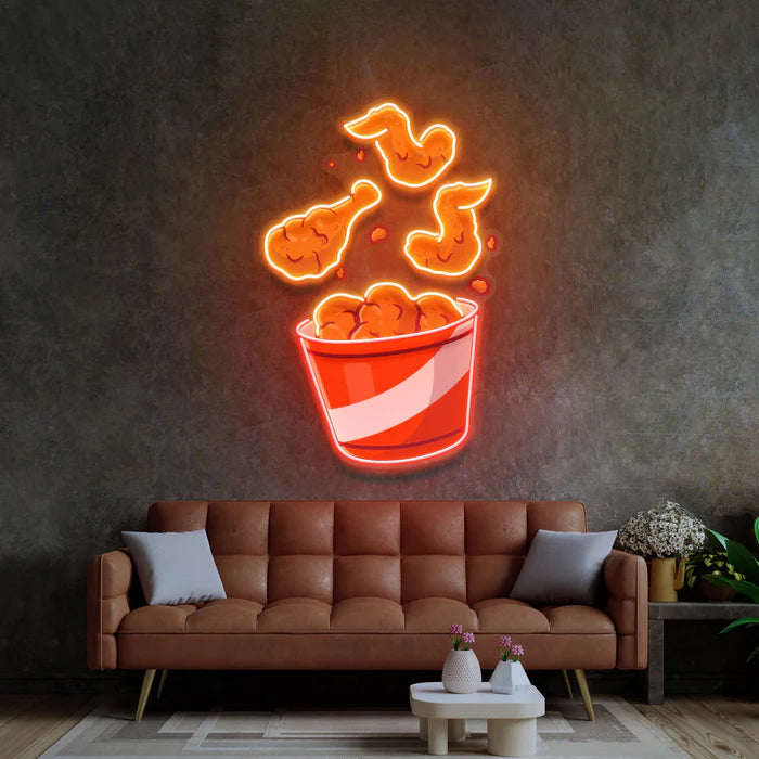 Flying Fried Chicken UV Art LED Neon Sign in white and orange colour by manhattanneons.com