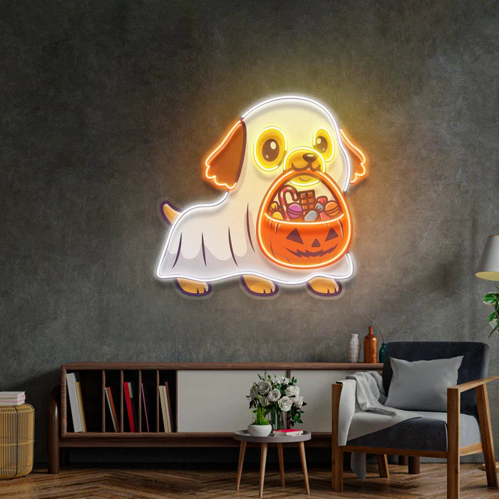 Unique Ghost Dog With Pumpkin UV Art Led Neon sign Light brings personality to your space. Explore more at manhattanneons.com