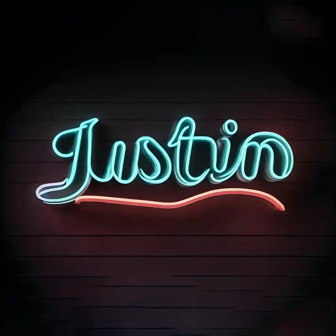 Justin Name Neon Sign, adding a personalized glow to your space - from manhattonneons.com.